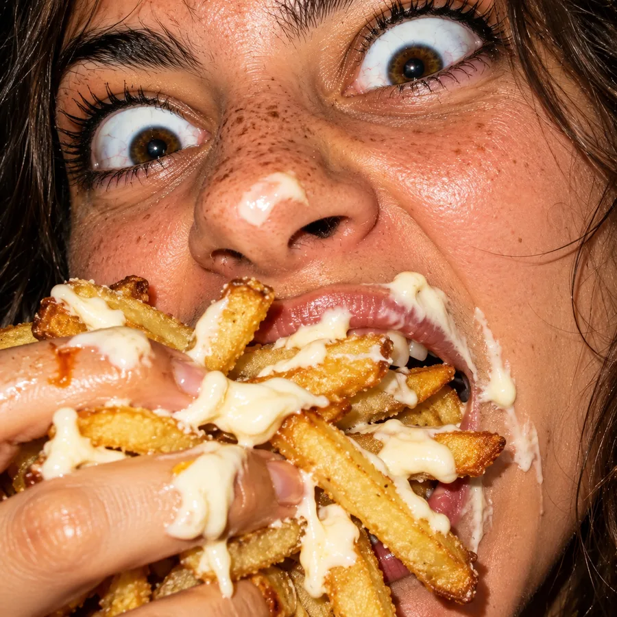 Wide eyed girl filling her mouth with french fries covered in house sauce
