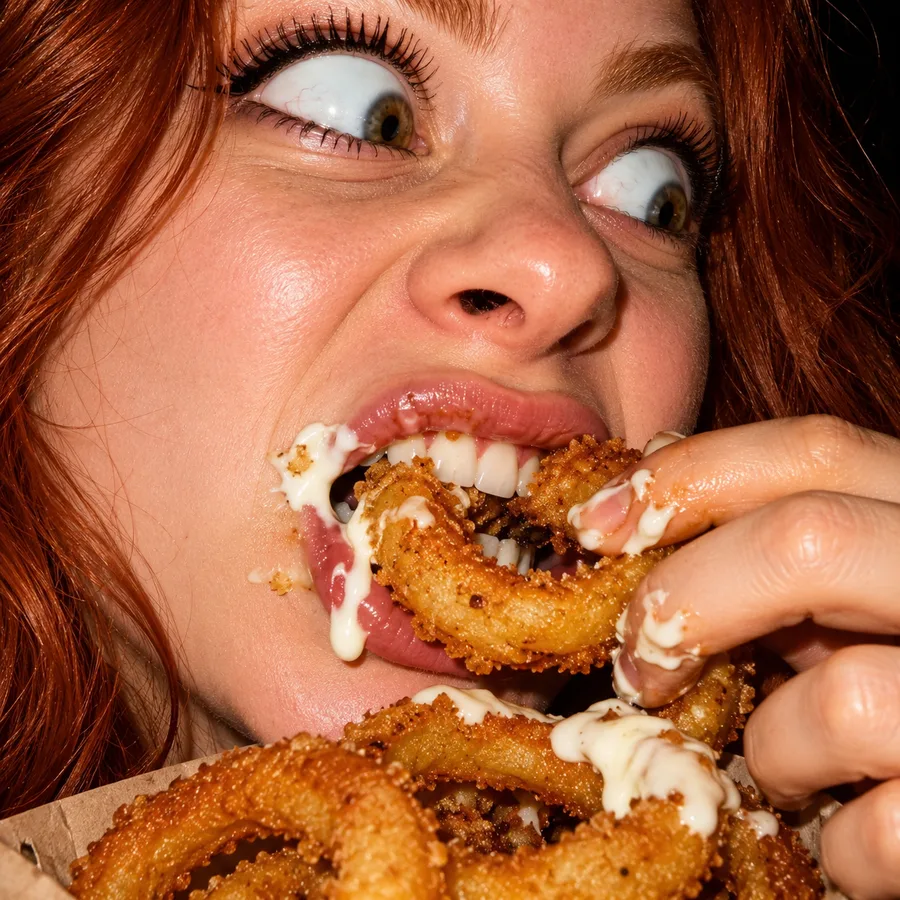 Red haired girl biting an onion ring straight from the basket, white sauce everywhere