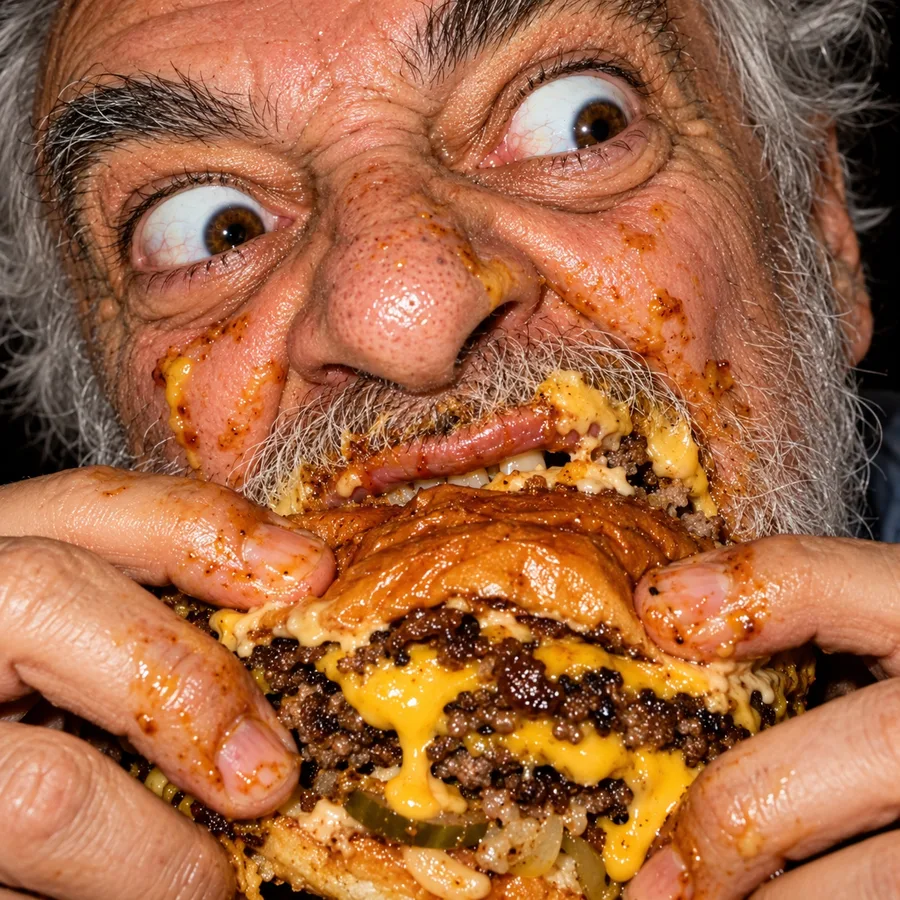 White bearded man sinking his teeth into a tall stacked smash burger with melted cheddar